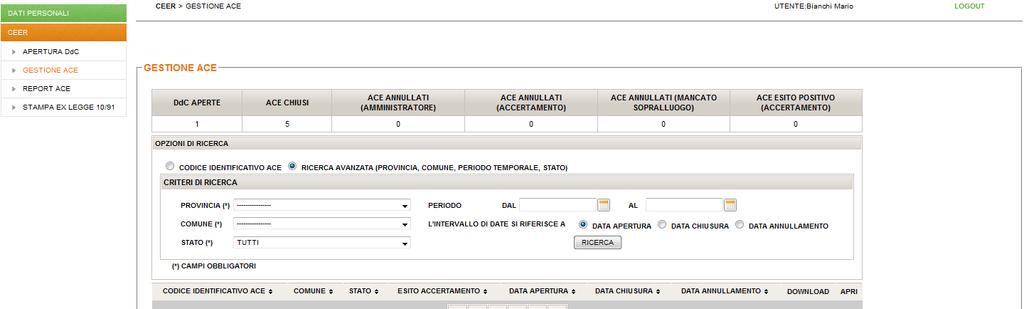 Aggiornamento 13/11/2017 Guida ai servizi CENED Certificatore energetico Fig. 94 CEER \ Apertura DdC completata: tabella riassuntiva delle pratiche del certificatore. Fig. 95 CEER \ Apertura DdC completata: criteri di ricerca.