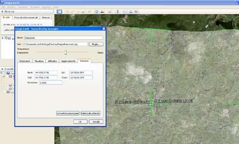 7. Georeferenziazione manuale: sull'immagine si possono vedere i marcatori (in verde), che servono a spostare e a ridimensionare la mappa, in modo che risulti perfettamente sovrapposta a quella reale.