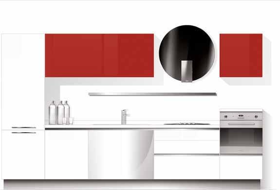 L 360 Composizione lineare con basi e colonne laccato lucido bianco neve e pensili laccato lucido rosso 3002. Top laminato squadrato/bordato in abs H 4 cm. Sistema di apertura con gola.