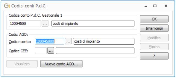 dei Conti di Gestionale 1 specificare il codice conto di AGO Infinity e se necessario il codice CEE abbinato al codice conto.