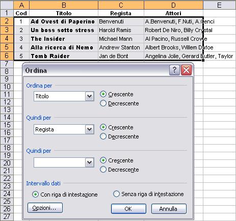 Ordinamento dei dati Dati Ordina È possibile ordinare i dati sia in ordine crescente che decrescente, inoltre Excel permette