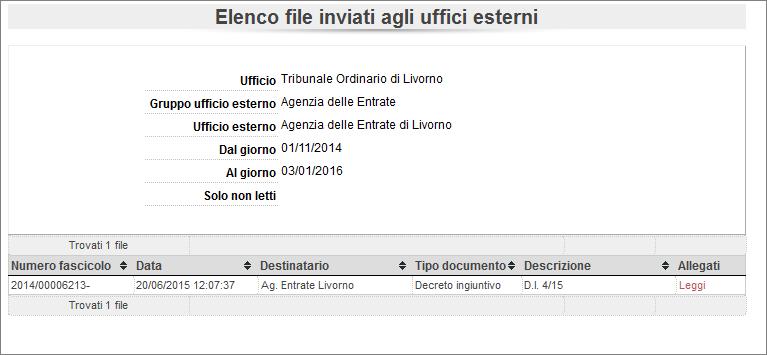 File inviati agli uffici esterni Questa funzionalità consente di ricercare tutti i documenti inviati ad un gruppo di uffici esterni o ad un determinato ufficio esterno facente parte di un gruppo in