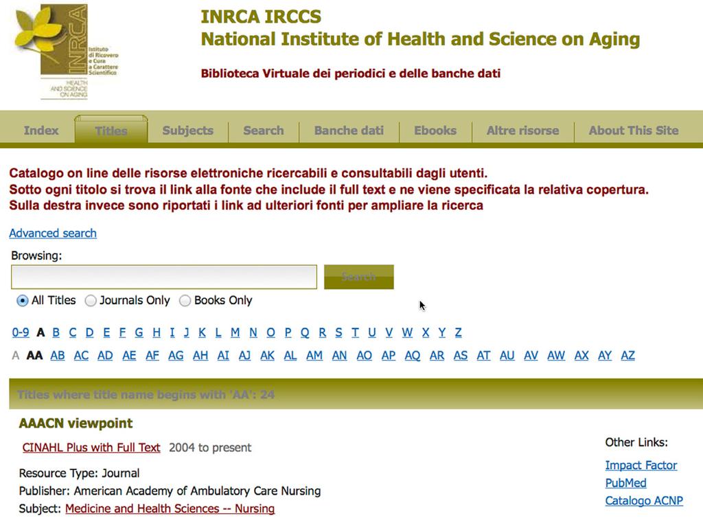 diversi titoli possono essere interrogati nel dettaglio: Index, Titles, Subjects,