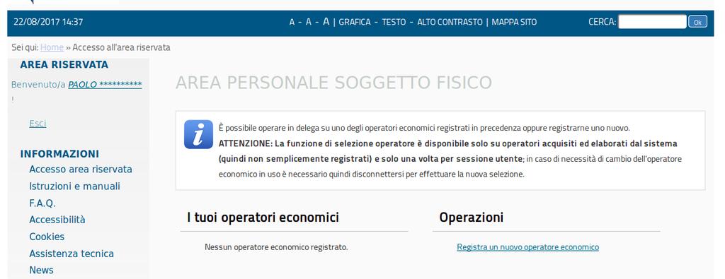 Se l autenticazione al sistema Cohesion è andata a buon fine, si verrà reindirizzati alla pagina riservata del Portale Appalti sotto illustrata.