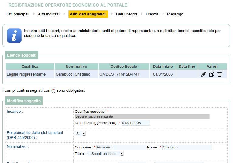 Procedere con l inserimento di tutti i titolari legali rappresentanti, soci o amministratori muniti di potere di rappresentanza e direttori tecnici, specificando per ciascuno la carica o qualifica.