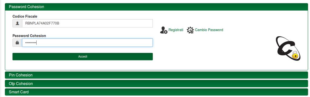 Cliccare sul pannello appropriato (Password Cohesion, Pin Cohesion, Opt Cohesion, Smart Card) in base al proprio tipo di credenziali.