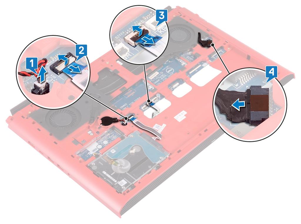 Procedura 1 Scollegare la batteria pulsante dalla scheda di sistema. 2 Aprire il dispositivo di chiusura e scollegare il cavo del disco rigido dalla scheda di sistema.