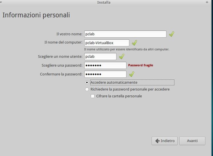 informazioni personali e password