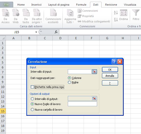 una posizione all interno del foglio in cui sono contenuti i dati (occorre biffare in questo caso Intervallo di output specificare una cella a partire dalla quale verrà riportato l output) oppure