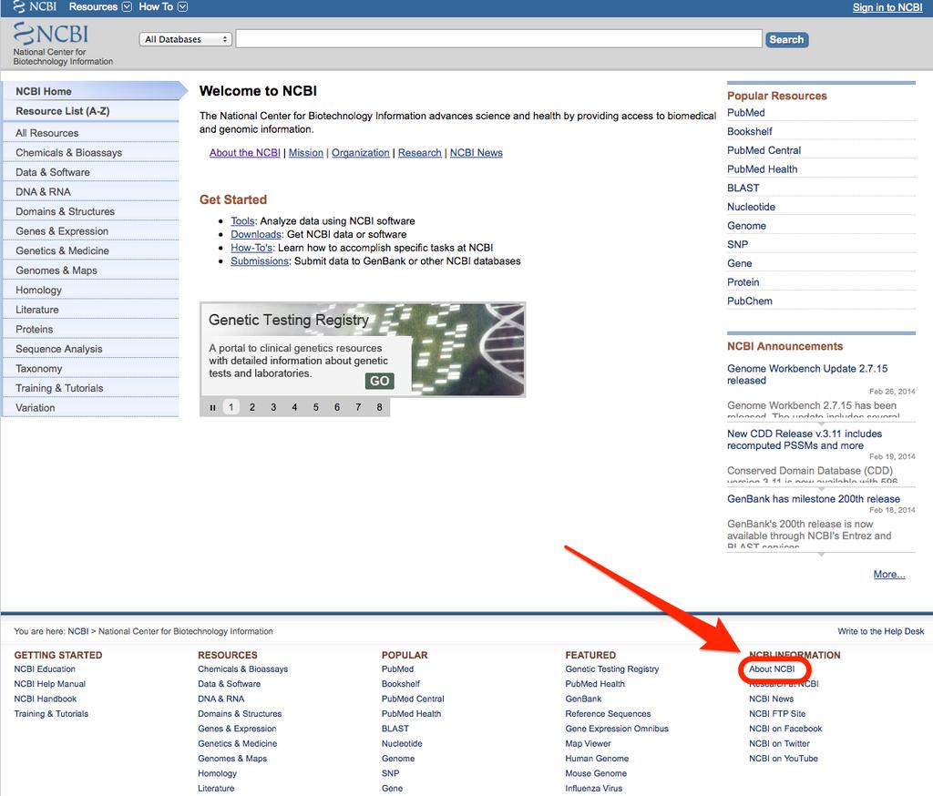 Esplorando NCBI: Apri un browser web ed entra nella Home page di NCBI: www.ncbi.nlm.nih.