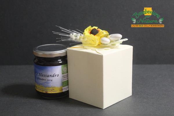 CLASSIC vasetto con a scelta 250 grammi di miele o 200 grammi di composta biologica di frutta, scatola, fiore girasole, 3 confetti imbustati