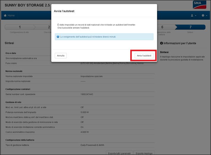 Webserver / Esecuzione Autotest Sunny Boy e Sunny Boy Storage > Al termine della configurazione guidata, sui Sunny Boy 1.5, 2.