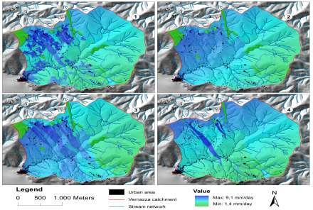 Since the SCS-CN model showed reasonable good results with the validation data, we run the model with the 4 land-cover scenarios, taking constant the precipitation data.