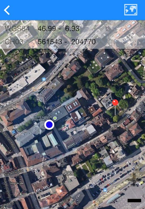 Posizione geografica Cartografia Se sei in modalità on-line (3G, WiFi), la carta ( ) mostra per default la posizione attorno alle coordinate del GPS dello smartphone (punto blu).