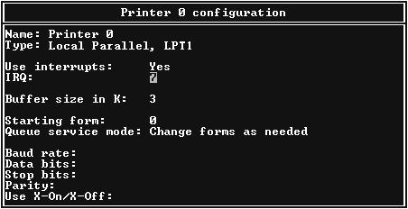 6. Nella schermata Configurazione stampante, digitare il nome della stampante. Evidenziare Tipo e premere Invio. Selezionare Parallela remota, LPT1 per la modalità Remote Printer.