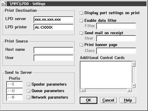 6. Immettere l'indirizzo IP dell'interfaccia di rete nella casella Server LPD. Immettere il nome della stampante impostato al punto nella casella Stampante LPD. 7.