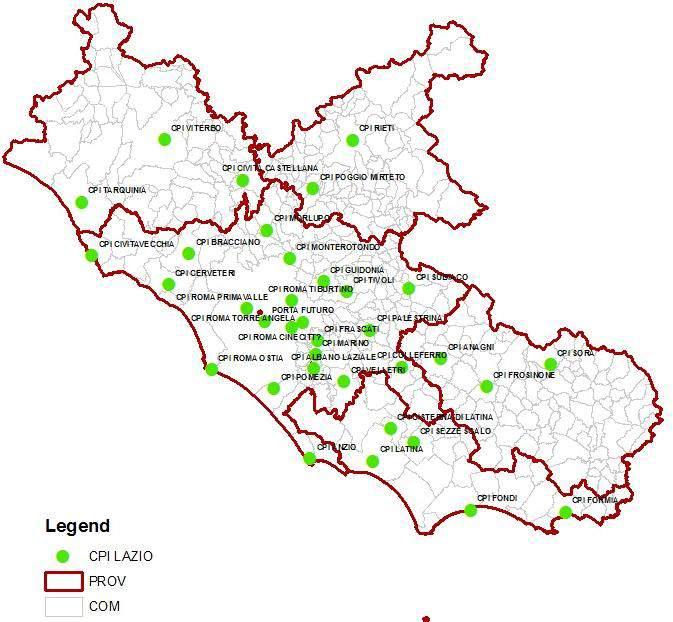 Figura 1 Geolocalizzazione Centri per l'impiego nella Regione Lazio Fonte: Elaborazione di Italialavoro SPA su Indagine sui Servizi per l Impiego 2014 MLPS Questa sezione riporta i dati relativi agli