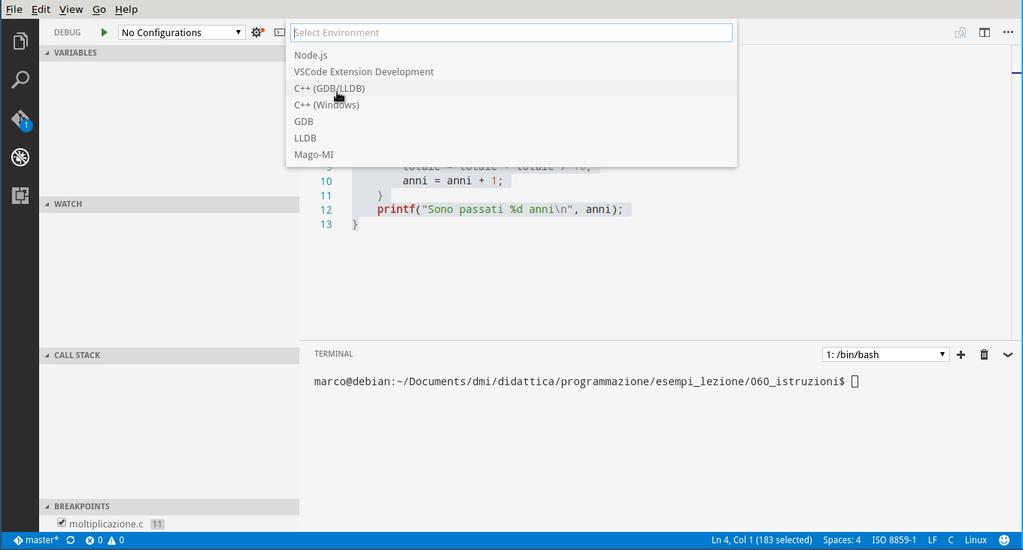 Impostazione di Visual Studio Code per debugging E necessario impostare la comunicazione fra Visual Studio Code e GDB nel file cartella /vscode/launch.