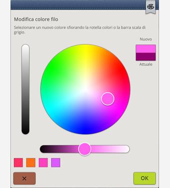 Modifica colore filato Sarà possibile modificare i colori del disegno. L'elenco modifica colore filo riporta una descrizione di ciascun blocco colore.