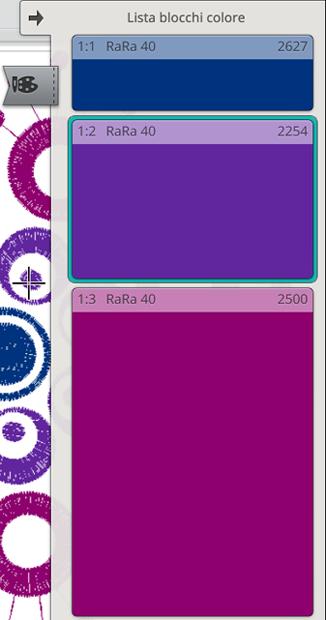 Lista blocchi colore Tutti i colori nei modelli caricati sono mostrati nell'ordine in cui saranno ricamati. Ogni colore elencato mostra il numero del disegno e l'ordine del blocco colore.