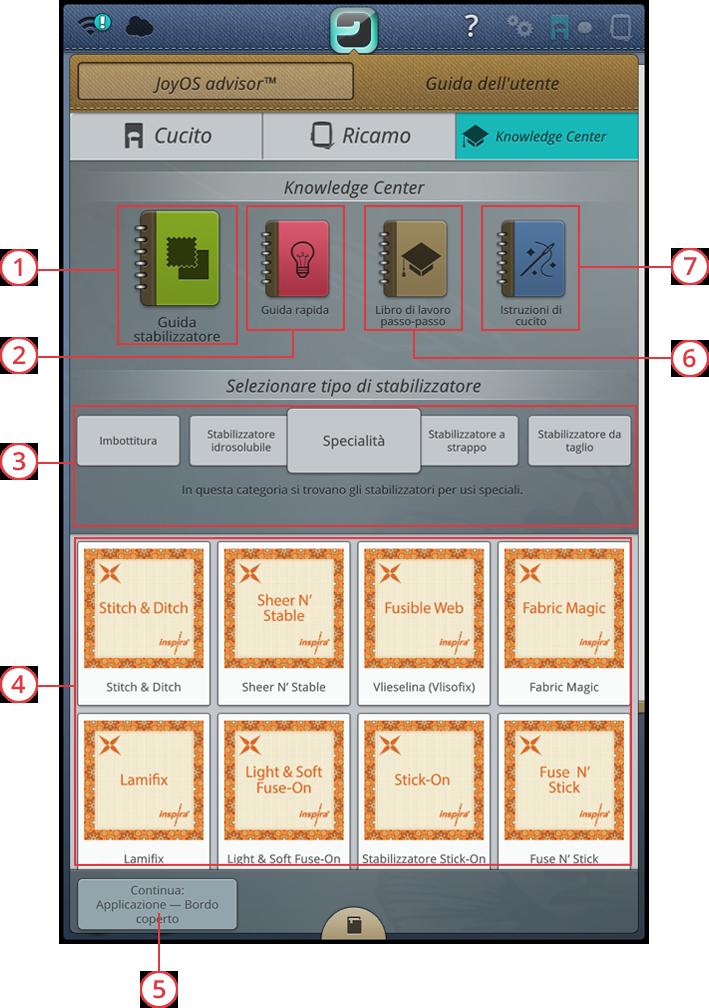 Panoramica del Knowledge Center La funzione JoyOS advisor contiene anche un knowledge center che include: Guida agli stabilizzatori, Guida rapida, istruzioni di cucito ed esercizi passo-passo. 1.