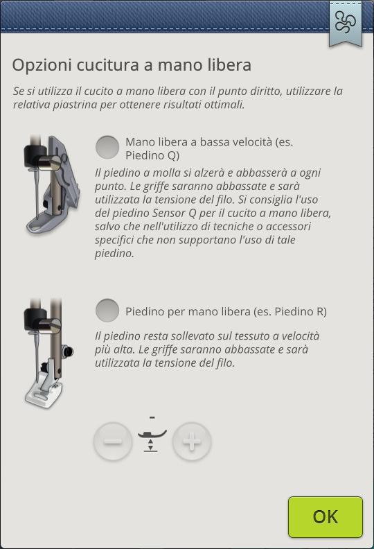 Opzioni cucitura a mano libera Selezionare tra le due opzioni a mano libera: Mano libera a bassa velocità o Mano libera alta velocità.