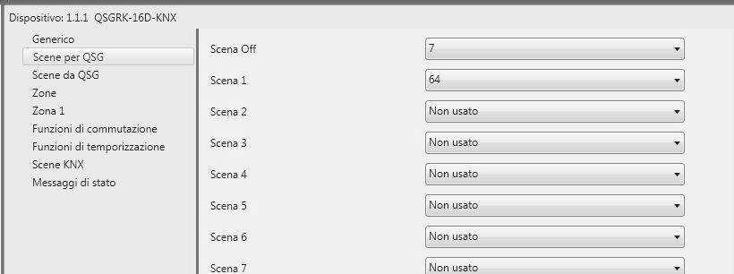 Software applicativo: Parametri (continua) Scene per QSG Questa opzione diviene disponibile quando si abilita l opzione Invia scene da KNX a QSG in Parametri: Menu