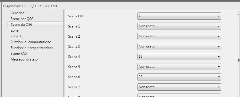 Scene da QSG Questa opzione diviene disponibile quando si abilita l opzione Invia scene da QSG a KNX in Parametri: Menu generico.