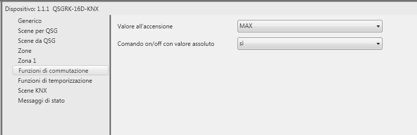 del bus KNX dopo un interruzione dell alimentazione. Valori: nessuna azione, valore prima dell interruzione dell alimentazione al bus, accensione temporizzata*, OFF, MIN, 5%, 10%...90%, 95%, MAX.