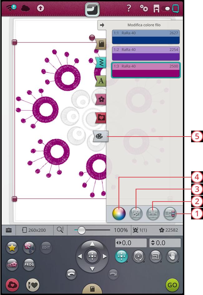 Cambia colore rapido Sfiorare il pulsante di modifica colore filo per visualizzare un elenco di colori del filo nei disegni selezionati.