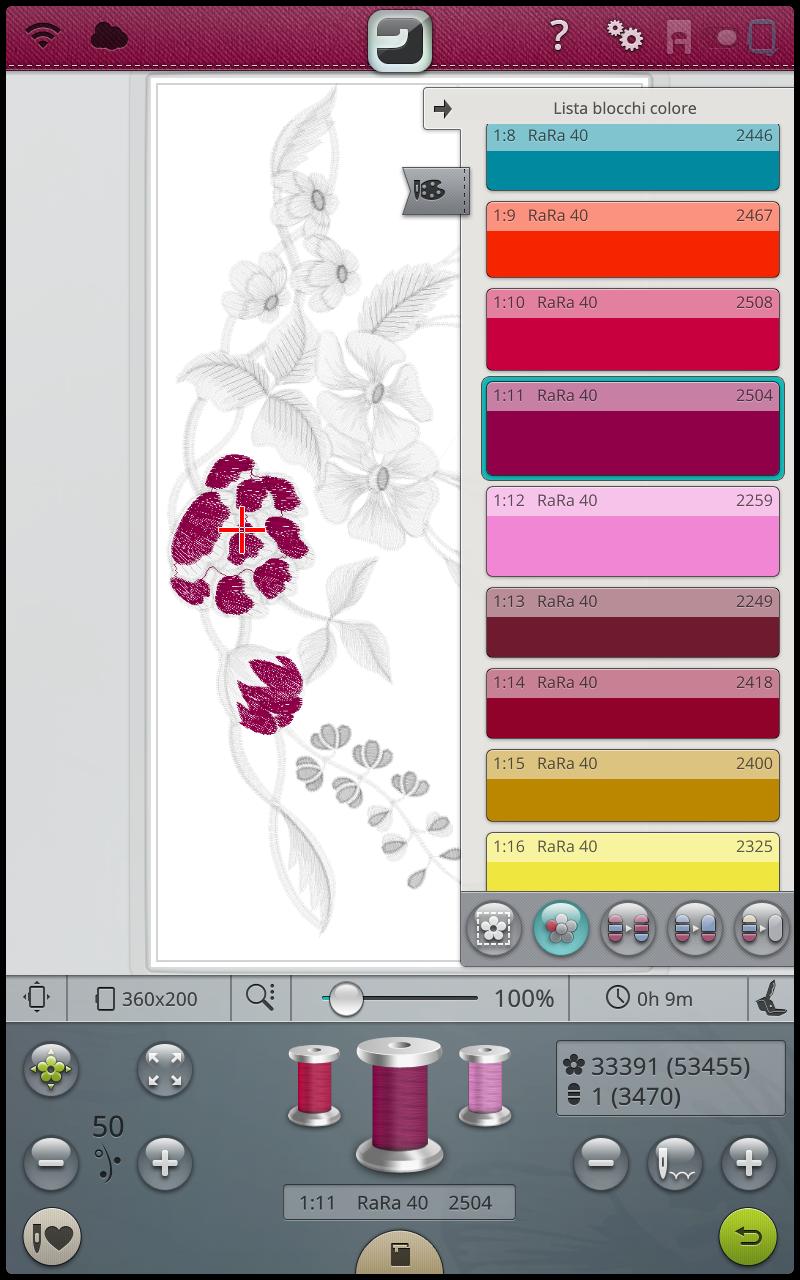 Evidenzia Blocco di colore corrente Sfiorare il pulsante e solo il blocco colore attualmente in ricamo sarà visibile nell'area di ricamo. Tutti gli altri blocchi colore saranno grigi.