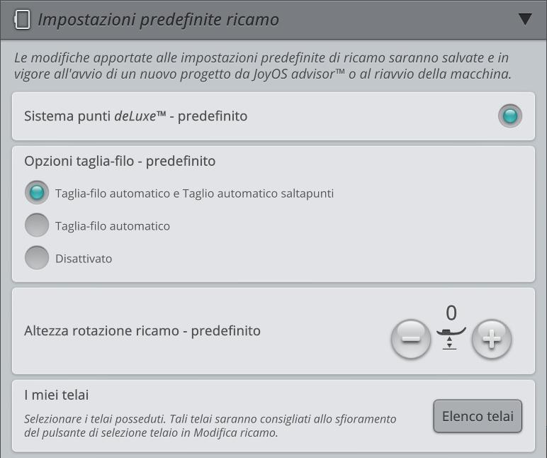 Impostazioni predefinite di ricamo Le impostazioni predefinite di ricamo saranno salvate, anche allo spegnimento della macchina.