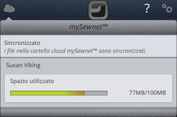 Lo stato della sincronizzazione sarà visualizzato sul pulsante mysewnet della barra superiore: I file nella macchine e nel cloud mysewnet sono sincronizzati.