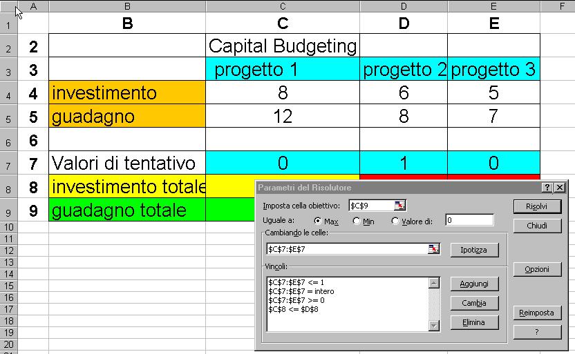 Risoluzione del Capital Budget con Excel x 1