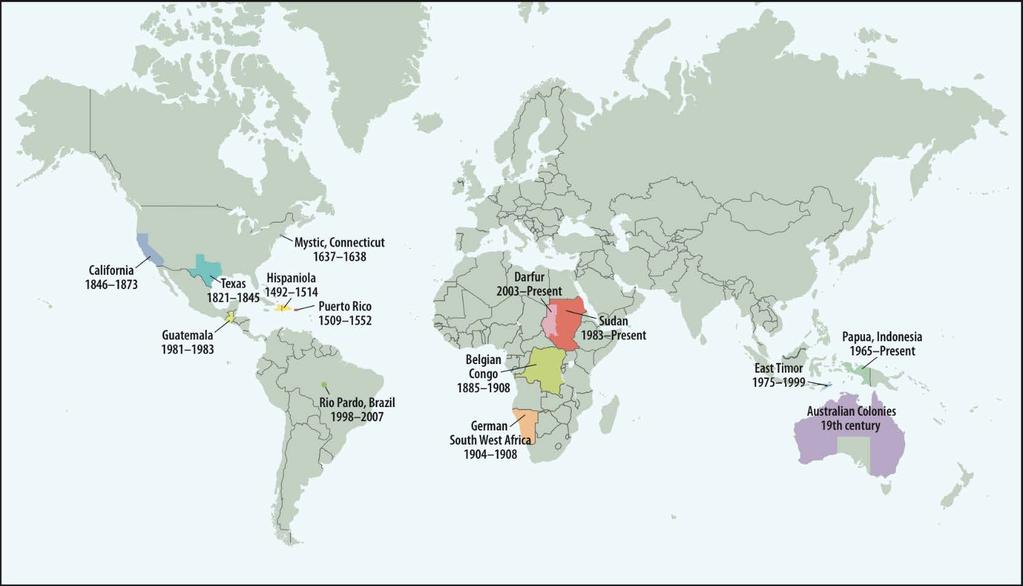 mappa dei genocidi compiuti dopo il 1942. Genocidi coloniali e indigeni selezionati, dal 1492 a oggi.