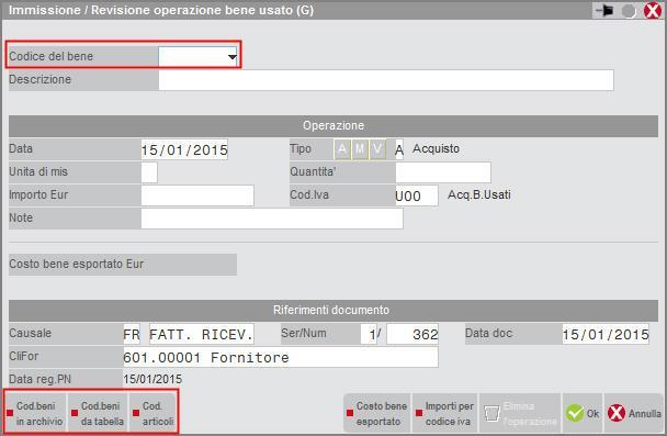 Completare l anagrafica del bene usato indicando: tipo di operazione (viene proposta automaticamente la A di acquisto) e importo; quest ultimo non viene automaticamente proposto perché dalla stessa