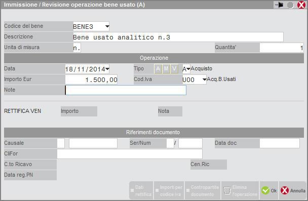 L inserimento si effettua dal menù Contabilità Beni usati tramite il pulsante F4 Inserisci Nuovo Bene : Nella videata che si apre