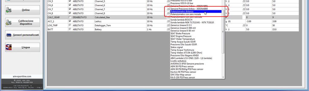 4.2 Configurazione con Race Studio 2 Per caricare il potenziometro nella configurazione dello strumento AiM: lanciare il software selezionare lo strumento in uso e la configurazione sul quale il