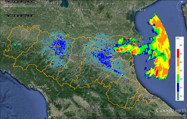 progressivamente ad est sul Mar Adriatico (ore 21:00 UTC). I dati radar relativi a questo istante evidenziano l ampiezza del sistema temporalesco.