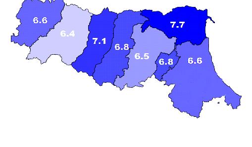 Prevalenza standardizzata(*) della popolazione adulta con diabete, Emilia- Romagna, anno 2015 % su