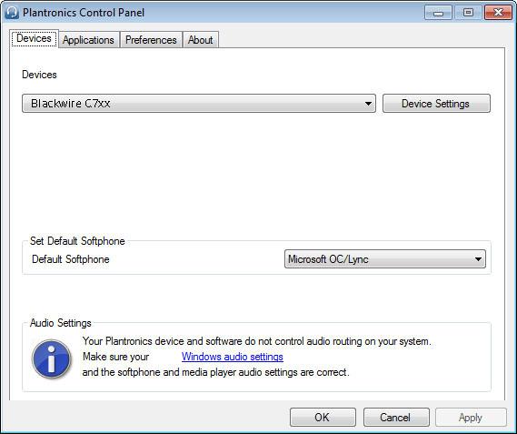 Software Plantronics Spokes Pannello di controllo Plantronics Le preferenze dell'utente e le impostazioni del dispositivo che hanno effetto sulle prestazioni del dispositivo possono essere