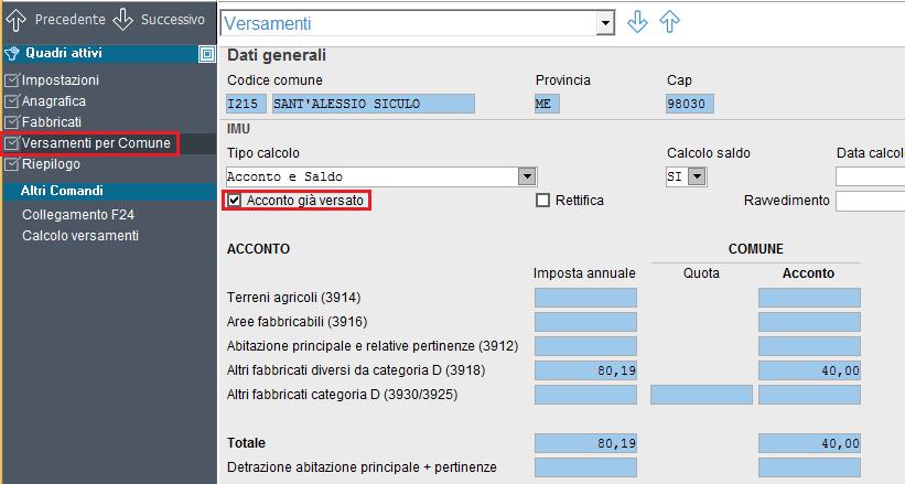 l'importo dell'acconto IMU/TASI nel caso di variazione dati dopo pagamento acconto", presente in TABELLA PARAMETRI: ed impostata la barratura nel campo