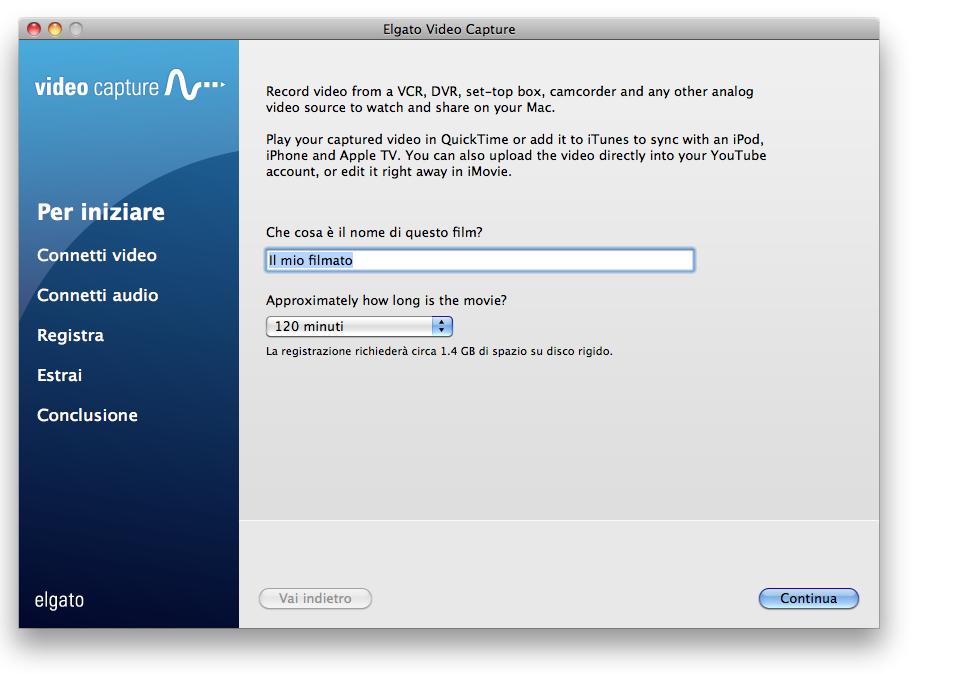 2 Installazione Mac: Inserite il CD-ROM del software fornito con Elgato Video Capture. Trascina l'applicazione Elgato Video Capture nella cartella Applicazioni, quindi fai clic sull'applicazione.