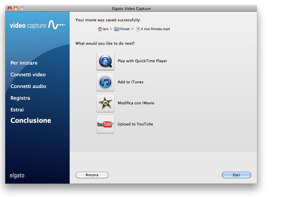 7 Riprodurre, modificare, caricare Il software Elgato Video Capture salva il filmato acquisiti nella cartella Filmati (Mac) o nella cartella Video (Windows).