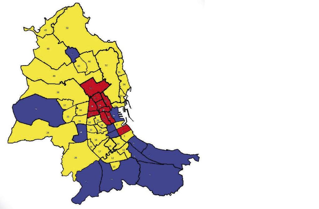 Fig. 1 - Mappa dei quartieri di Palermo, prima coalizione per quartiere (M5S in giallo, Bersani in rosso, Berlusconi in blu).