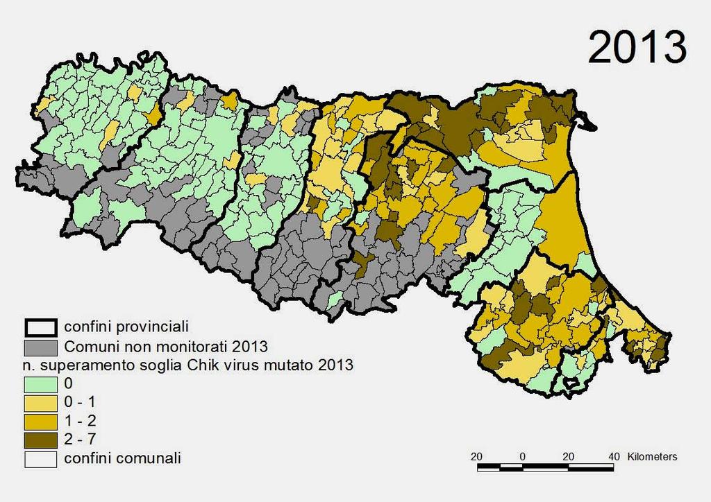 Mappa del rischio epidemico da chikungunya virus mutato calcolata sulla base del numero di cicli (2 settimane) in cui è stata superata la soglia uova tale da innescare un