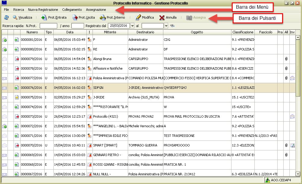 Conoscere il Protocollo Prima di iniziare Barra dei menù Una volta effettuato l accesso alla procedura di protocollo, nella barra dei menu compaiono le voci relative alla gestione del protocollo