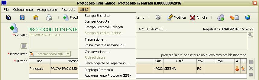 Menu Utilità Stampa etichetta: permette di ristampare un etichetta di segnatura del protocollo. Ovviamente il computer dal quale si esegue l operazione deve avere collegata una stampante di etichette.