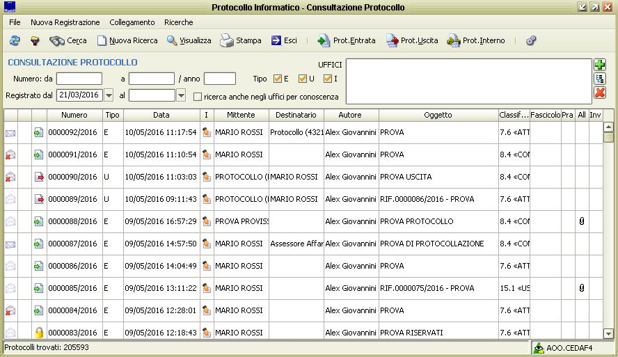 Consultazione Protocollo Questa voce di menù apre una maschera che permette solamente di consultare i protocolli ed i relativi allegati ma non permette alcun tipo di modifica su documenti.