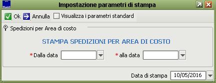 Stampe spedizioni (Spedizioni per area costo) Dalla maschera Gestione Spedizioni Postali premendo area di costo :, scegliendo il link Spedizione per ed inserendo il periodo in esame: si